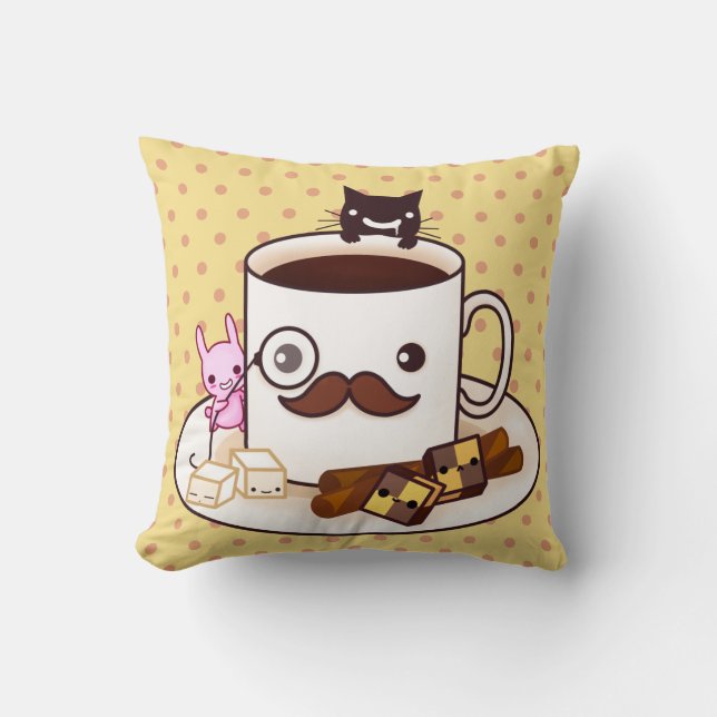 Cute moustache coffee cup with kawaii animals cushion (Front)