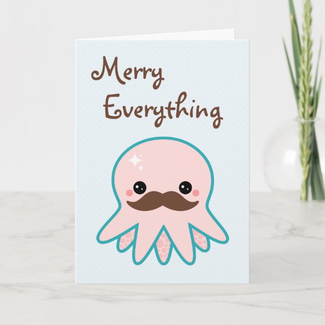 Cute Moustache Octopus Holiday Card (Front)