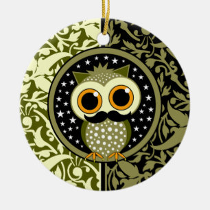 cute moustache owl ceramic ornament