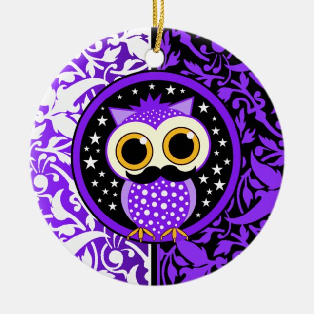 cute moustache owl ceramic tree decoration (Front)