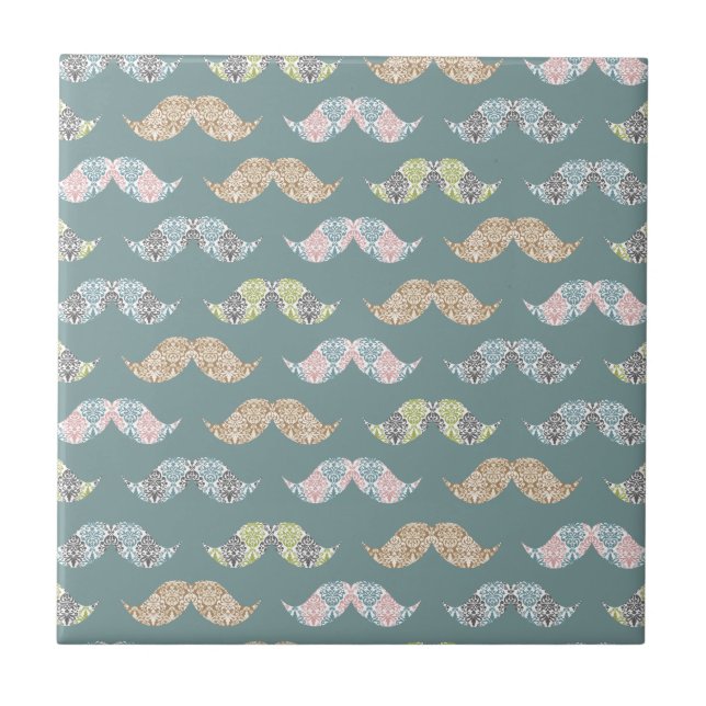 Cute Moustache Pattern with Damask Overlays Tile (Front)