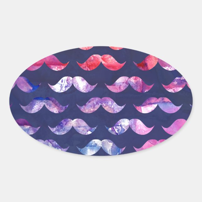 Cute Moustache Pattern with Watercolor Overlays Oval Sticker (Front)