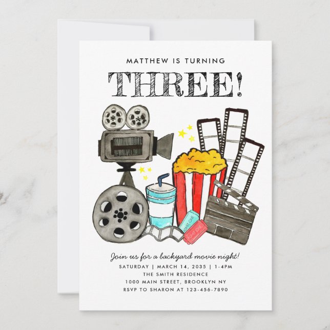 Cute Movie Night Cinema Watch Party Kids Birthday Invitation (Front)