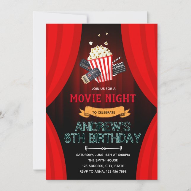 Cute movie night theme party invitation (Front)