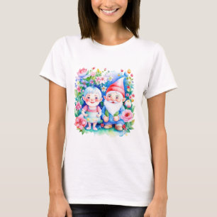 Cute Mr and Mrs Garden Gnomes with Flowers T-Shirt