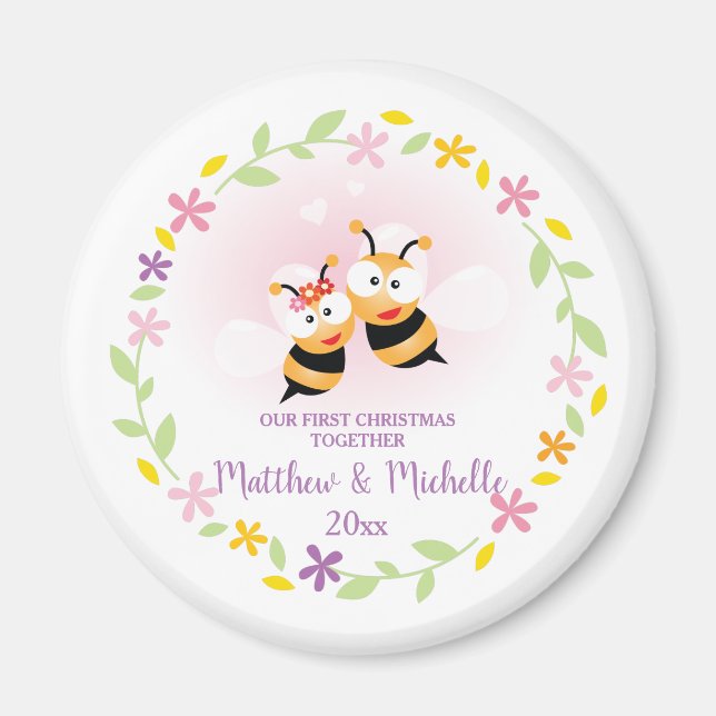 Cute Mr And Mrs Honey Bee First Christmas Keepsake Magnet (Front)