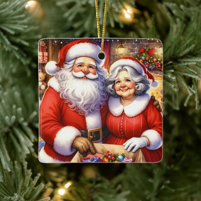 Cute Mr and Mrs Santa Claus Personalised Christmas Ceramic Ornament (Tree)