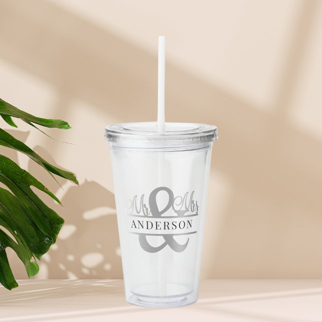 Cute Mr & Mrs Monogram Wedding Party Personalised Acrylic Tumbler (Creator Uploaded)