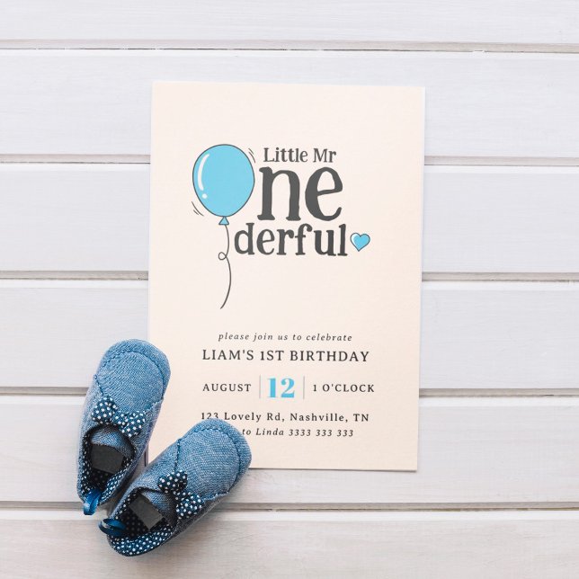 Cute Mr Onederful Soft Blue Balloon 1st Birthday Invitation (Creator Uploaded)
