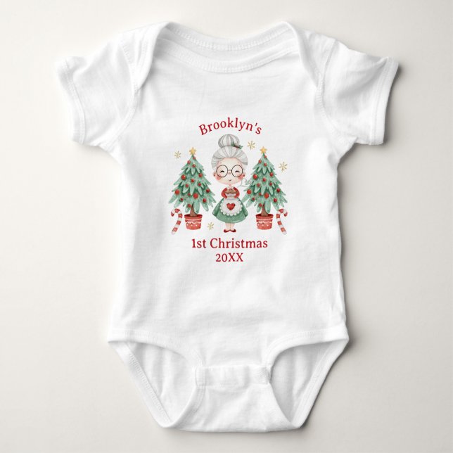 Cute Mrs Claus Tree Candy Cane First 1st Christmas Baby Bodysuit (Front)