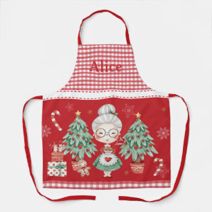 Cute Mrs Claus Tree Gingerbread Man Red Gingham  Apron