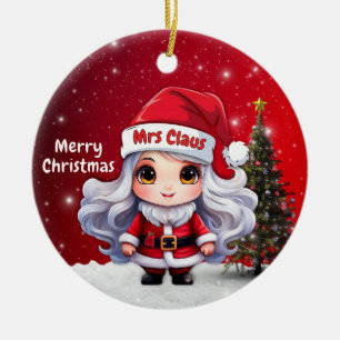Cute Mrs Santa Claus Character Berry Red Snowy🎄 Ceramic Ornament
