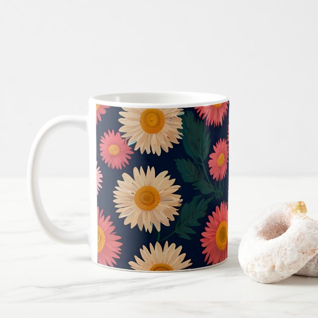 Cute Mug with Daisy Pattern on a deep blue  (With Donut)