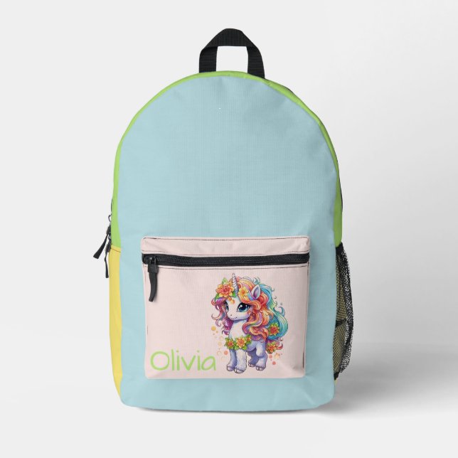 Cute Multi-Coloured Unicorn Personalised  Printed Backpack (Front)