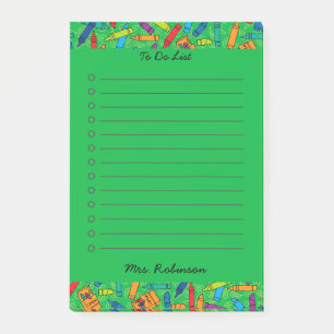 Cute Multi Crayon Teacher To Do List Green 4 x 6 Post-it Notes