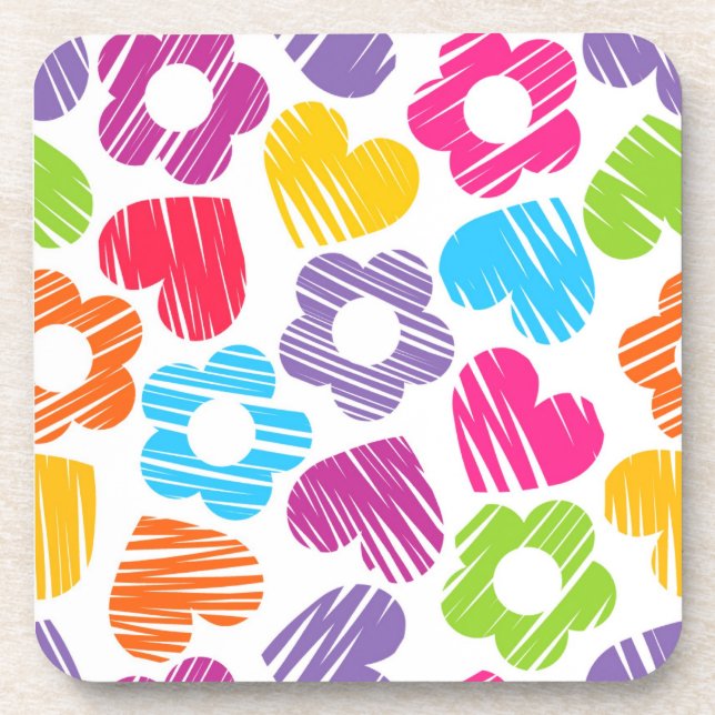 Cute multicolor flowers and hearts girly pattern   coaster (Front)