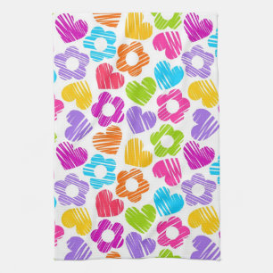 Cute multicolor flowers and hearts girly pattern tea towel