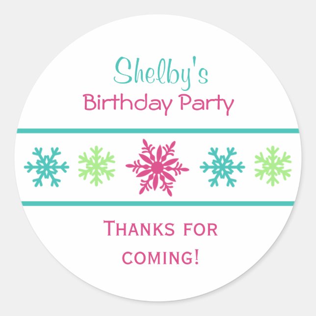 Cute Multicolor Snowflake Birthday Party Favour Classic Round Sticker (Front)