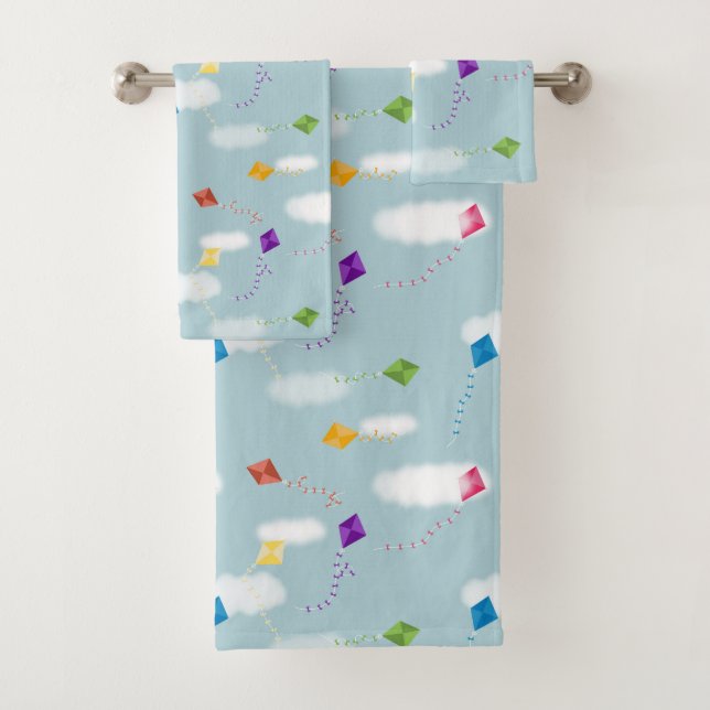 Cute Multicolored Flying Kites Kids Bath Towel Set (Insitu)