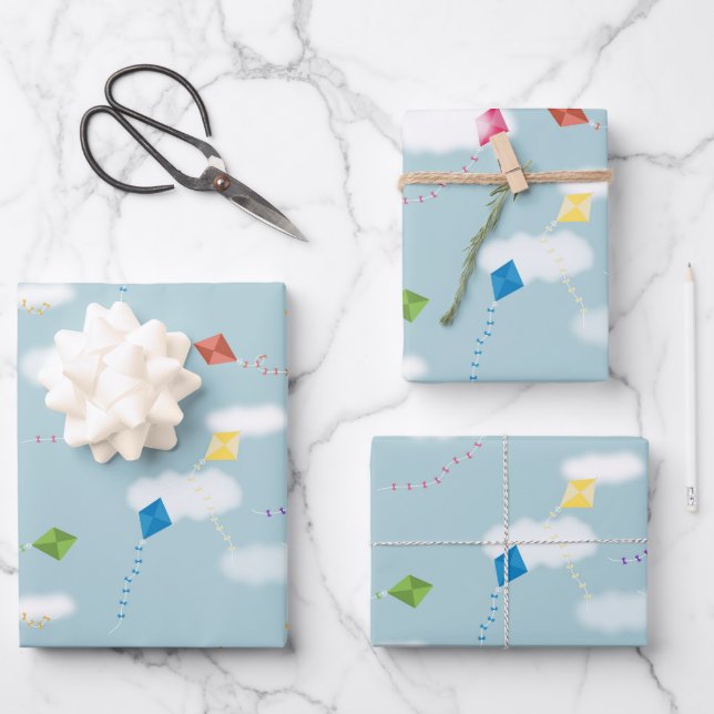 Cute Multicolored Flying Kites Kids Pattern Wrapping Paper Sheet (Front)