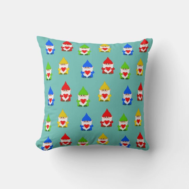 Cute multicolored gnomes on teal cushion (Front)