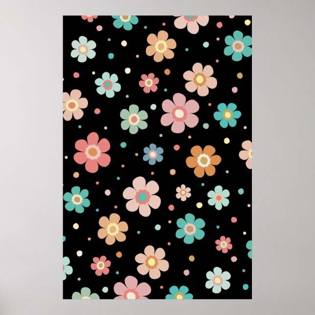 Cute Multicolour Flower Pattern On Black Poster (Front)