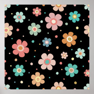 Cute Multicolour Flower Pattern On Black Poster