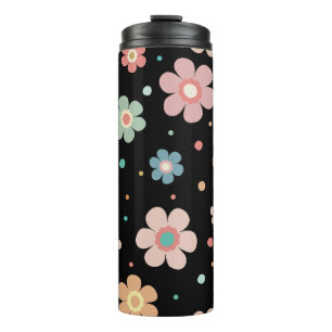 Cute Multicolour Flower Pattern On Black Thermal Tumbler