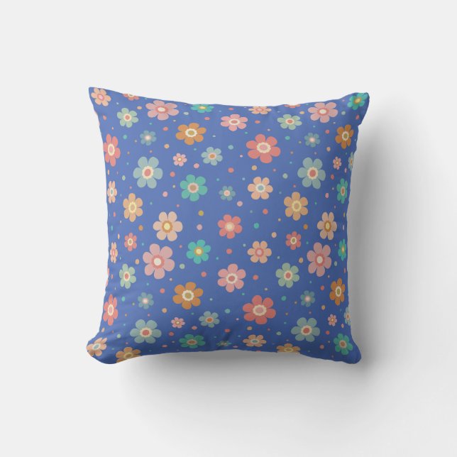 Cute Multicolour Flower Pattern On Blue Cushion (Front)