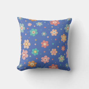 Cute Multicolour Flower Pattern On Blue Cushion