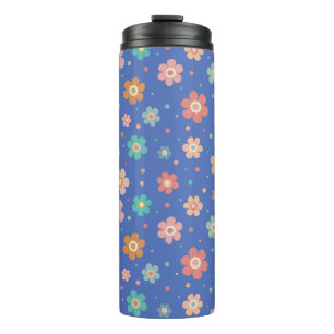 Cute Multicolour Flower Pattern On Blue Thermal Tumbler