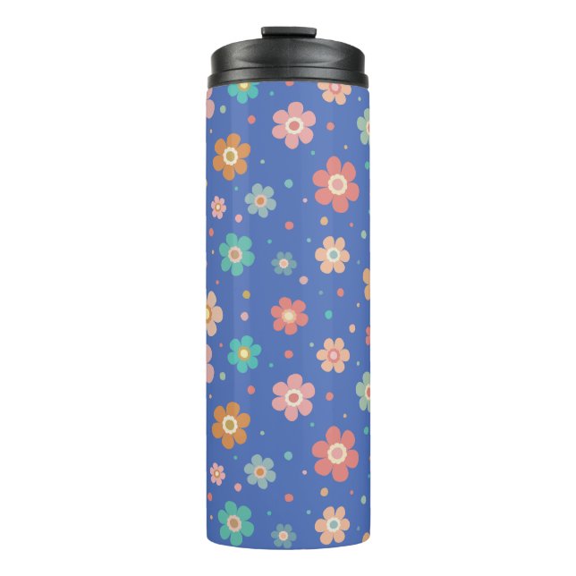 Cute Multicolour Flower Pattern On Blue Thermal Tumbler (Front)