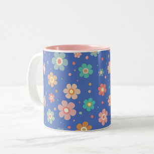 Cute Multicolour Flower Pattern On Blue Two-Tone Coffee Mug