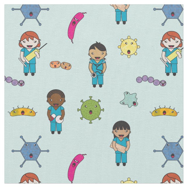 Cute Multicultural Germ Fighting Docs and Nurses Fabric (Close Up)