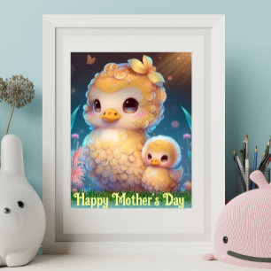 Cute Mum and Baby Duck in Garden Mother's Day Art Poster