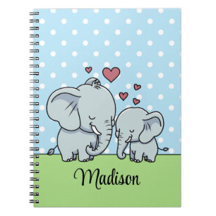 Cute Mum and Baby Elephant, Personalised Green Notebook