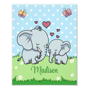 Cute Mum and Baby Elephant, Personalised  Photo Print
