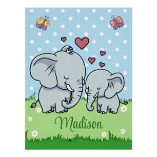 Cute Mum and Baby Elephant, Personalised  Poster