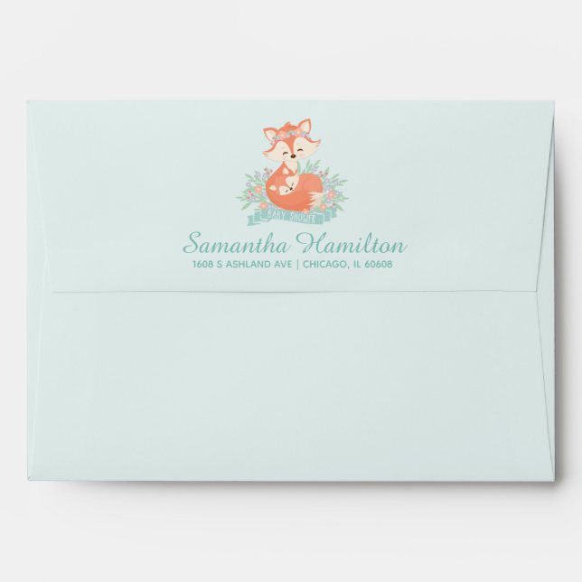 Cute Mum and Baby Fox Blue Shower Invitation Envelope (Back (Top Flap))