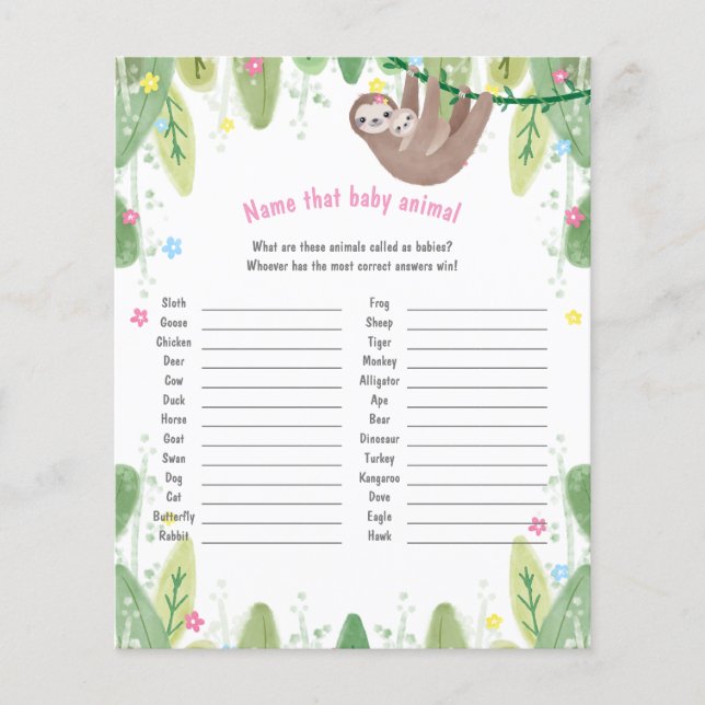 Cute mum and baby sloth name the baby animal game (Front)