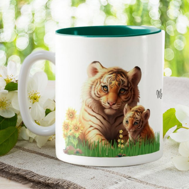 Cute Mum and Baby Tiger Personalised Two-Tone Coffee Mug (Creator Uploaded)