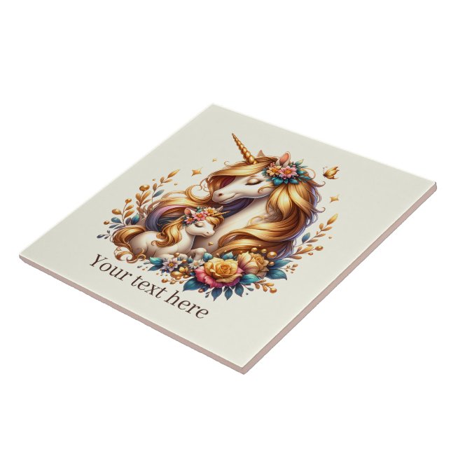 Cute Mum and baby unicorn  Ceramic Tile (Side)