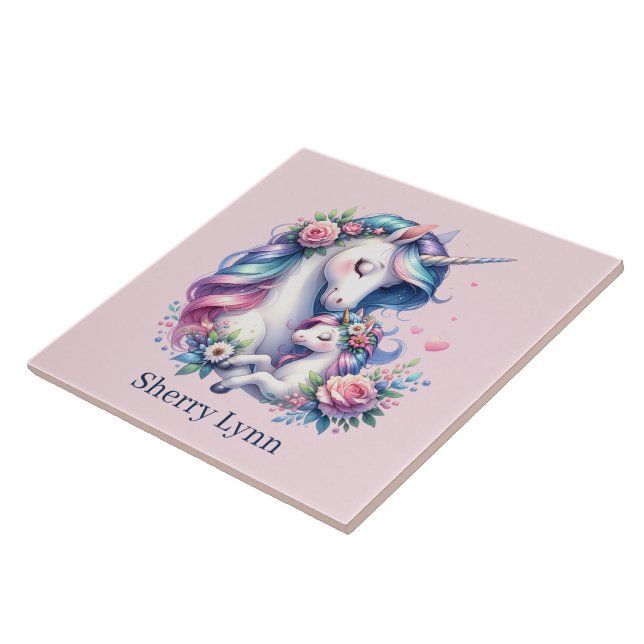 Cute Mum and baby unicorn  Ceramic Tile (Side)