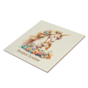Cute Mum and baby unicorn Ceramic Tile