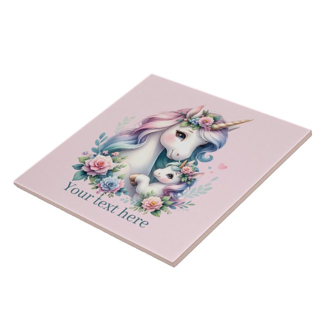 Cute Mum and baby unicorn  Ceramic Tile (Side)