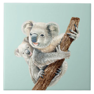 Cute Mum and Baby watercolor Koala on light green Ceramic Tile