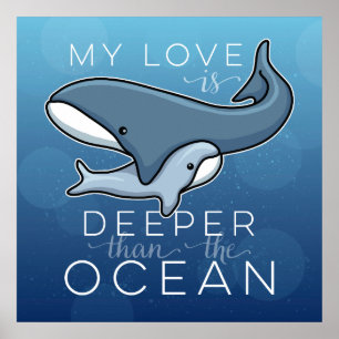 Cute Mum and Baby Whale, Love is Deeper than Ocean Poster