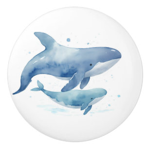 Cute Mum and Baby Whale Watercolor Ocean Sea Ceramic Knob