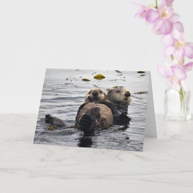 Cute Mum and Pup Sea Otters Card (Orchid)