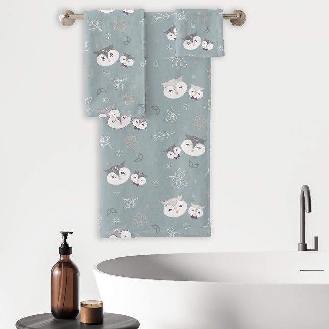 Cute Mum and Son Owl Pattern Blue-Grey Bath Towel Set (Creator Uploaded)